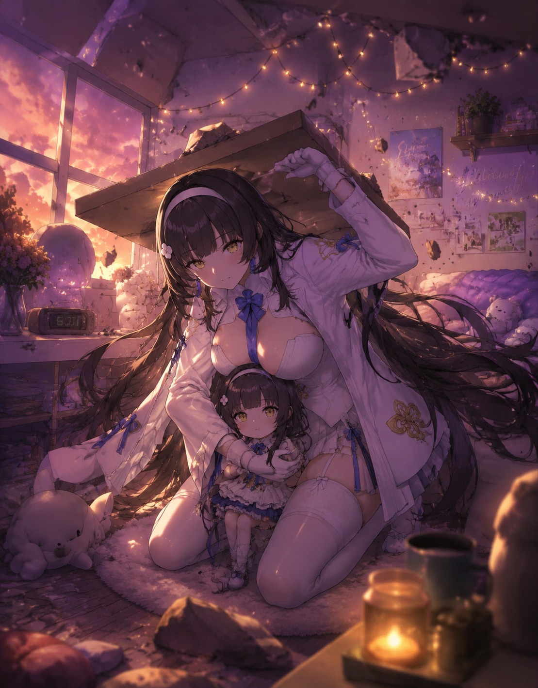 Shielding a smaller doll from falling debris In a cozy dorm room lit by fairy lights (dreamy lo-fi, purple and gold sunset)