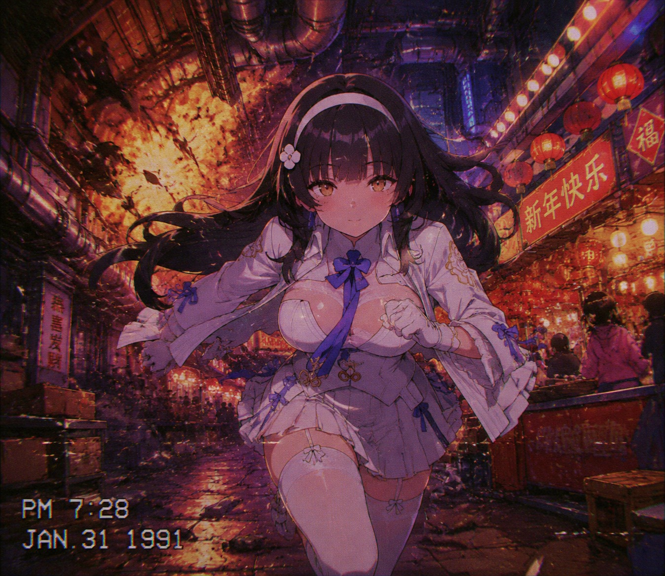 Sprinting through an exploding industrial corridor At a vibrant lunar new year festival market (retro 90s anime, grainy VHS filter)
