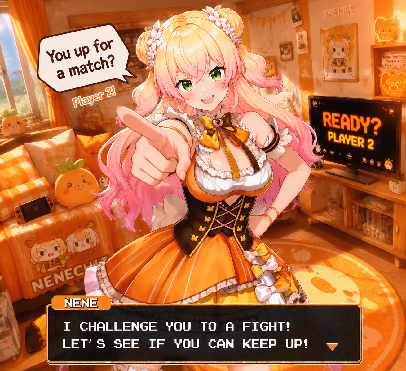 Challenging an unseen rival to a fighting game In a cozy bedroom filled with orange decorations (vibrant anime, cel-shaded with saturated oranges)