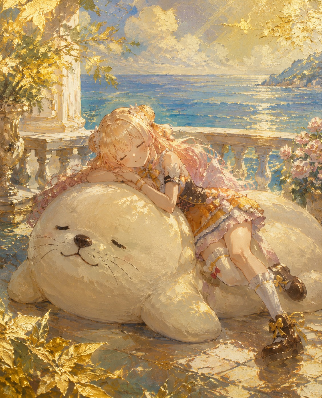 Napping peacefully on a giant seal plushie On a sun-drenched balcony overlooking a calm ocean (elegant oil painting, thick brushstrokes and gold leaf)