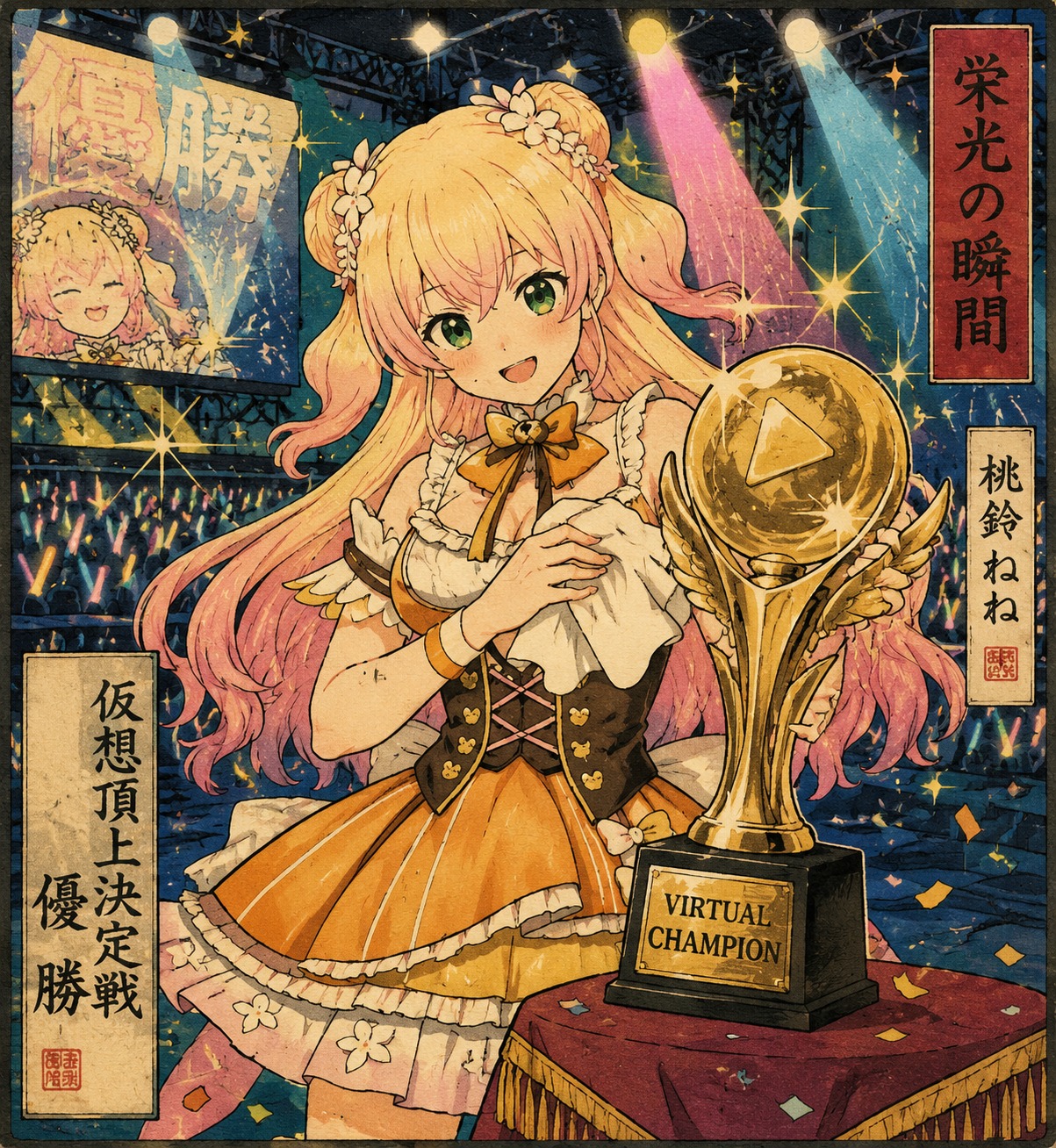 Polishing a shiny virtual championship trophy On a dazzling concert stage under bright spotlights (ukiyo-e woodblock print, bold lines and flat colors)