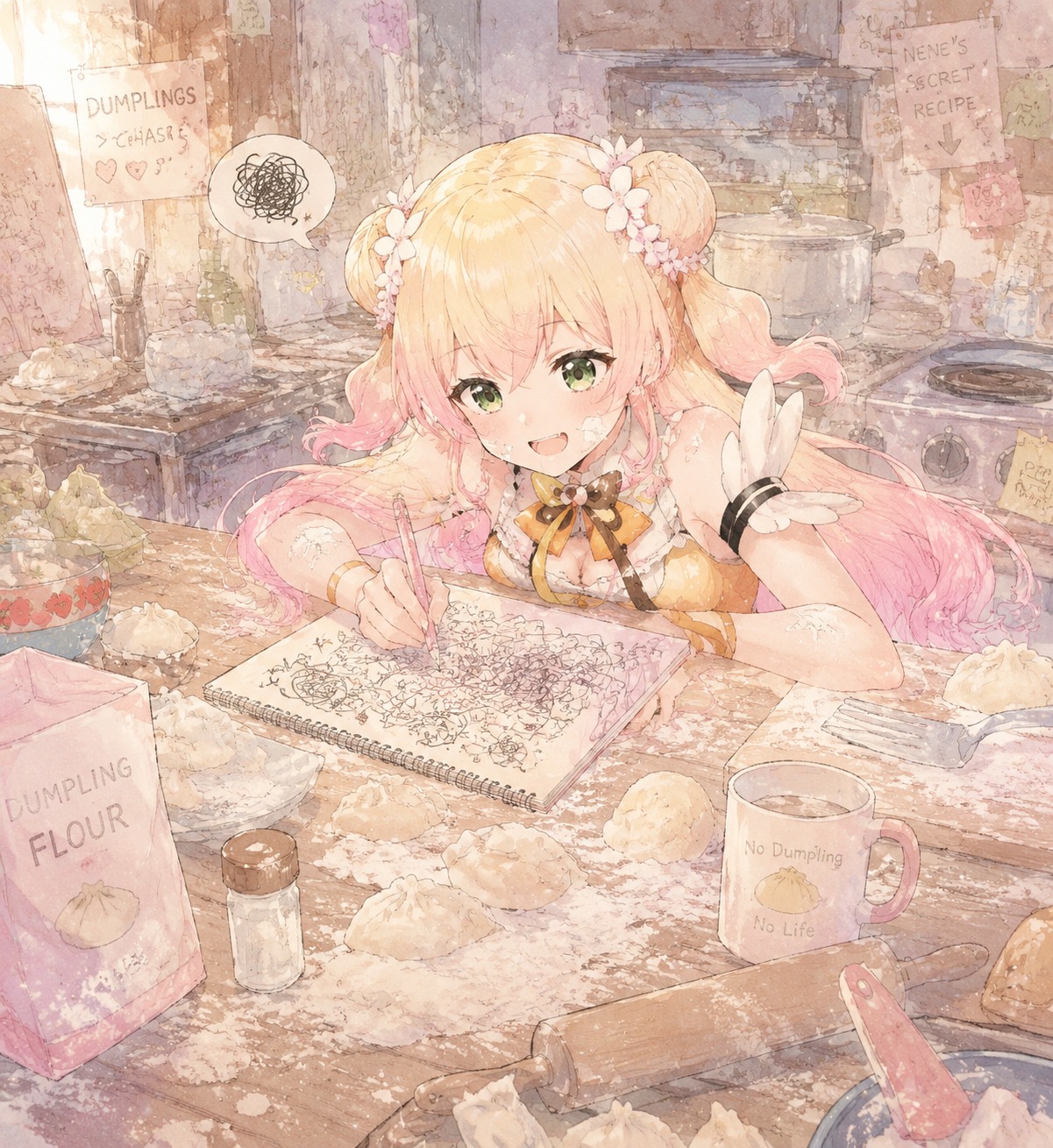 Sketching a chaotic doodle in a notebook In a messy kitchen covered in dumpling flour (soft watercolor, dreamy pastel tones)