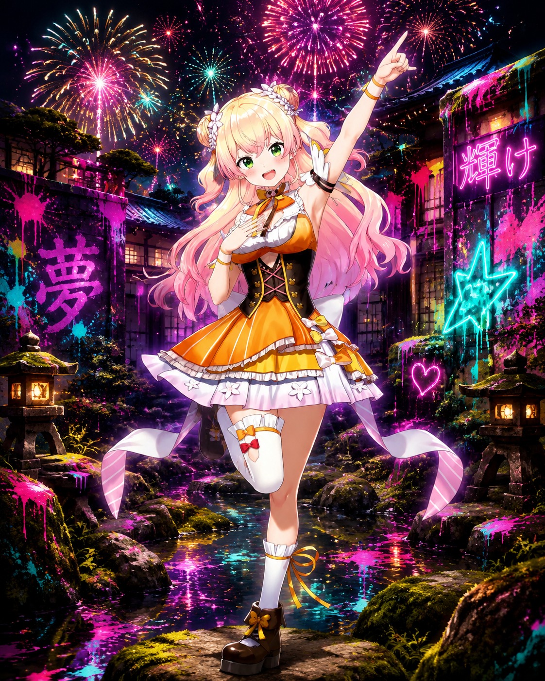 Striking a dramatic idol pose with fireworks In a quiet traditional Japanese moss garden (gritty street art, graffiti splatters and neon)