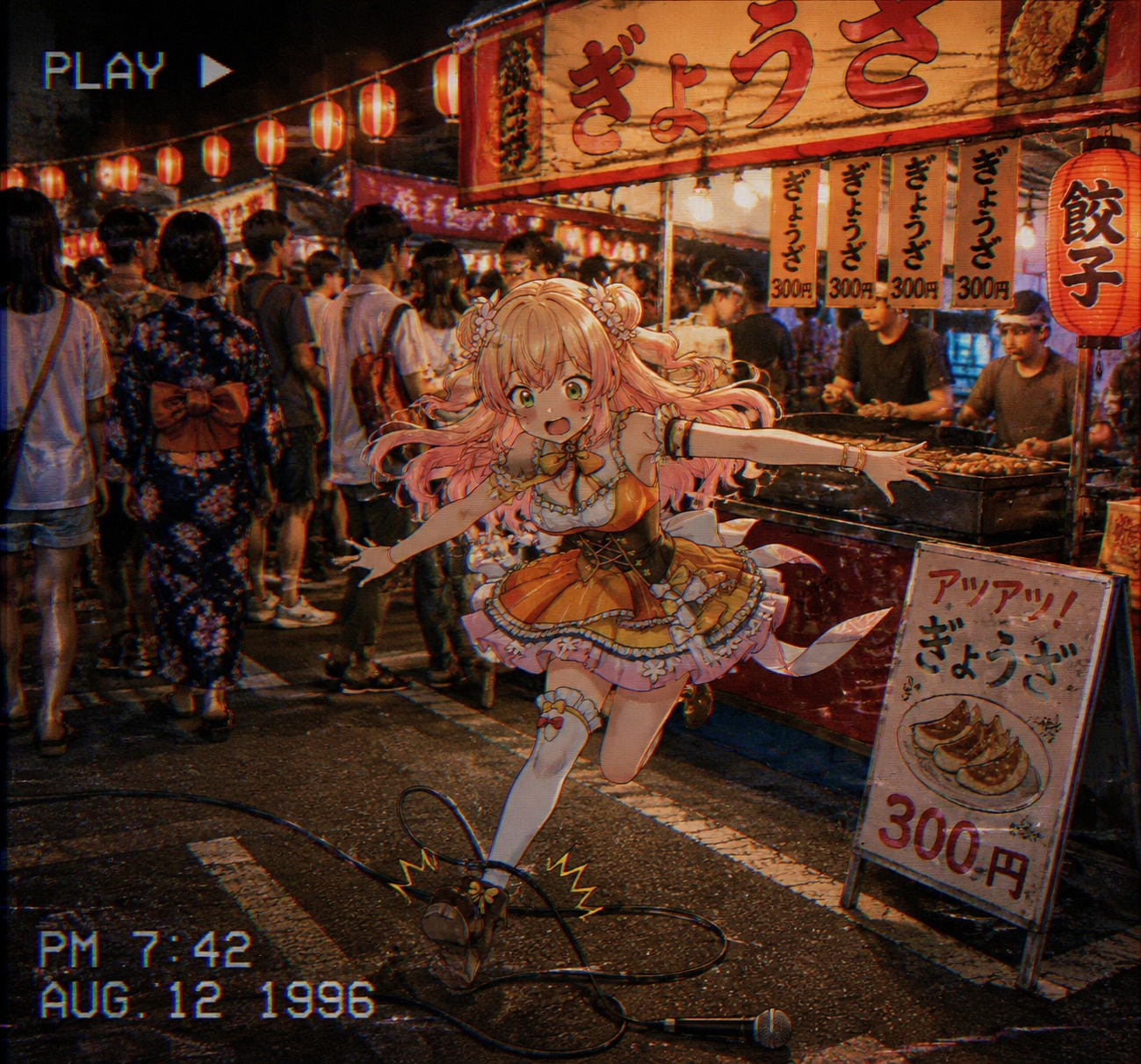 Tripping over a tangled microphone cable At a crowded summer festival gyoza stall (retro 90s aesthetic, lo-fi VHS textures)