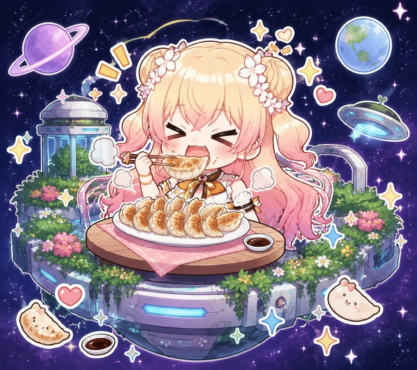 Wolfing down a steaming plate of gyoza On a futuristic floating garden drifting through space (cute chibi style, stickers and sparkles)