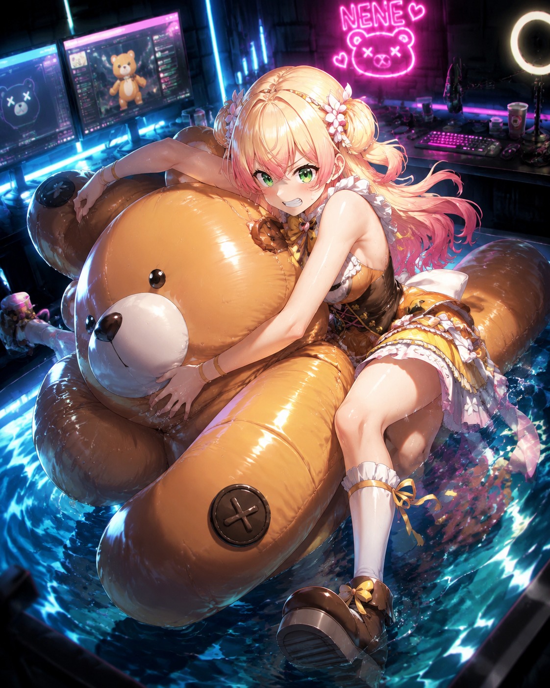 Wrestling a massive inflatable bear in a pool At a high-tech gaming station with neon accents (dramatic cinematic lighting, high contrast shadows)