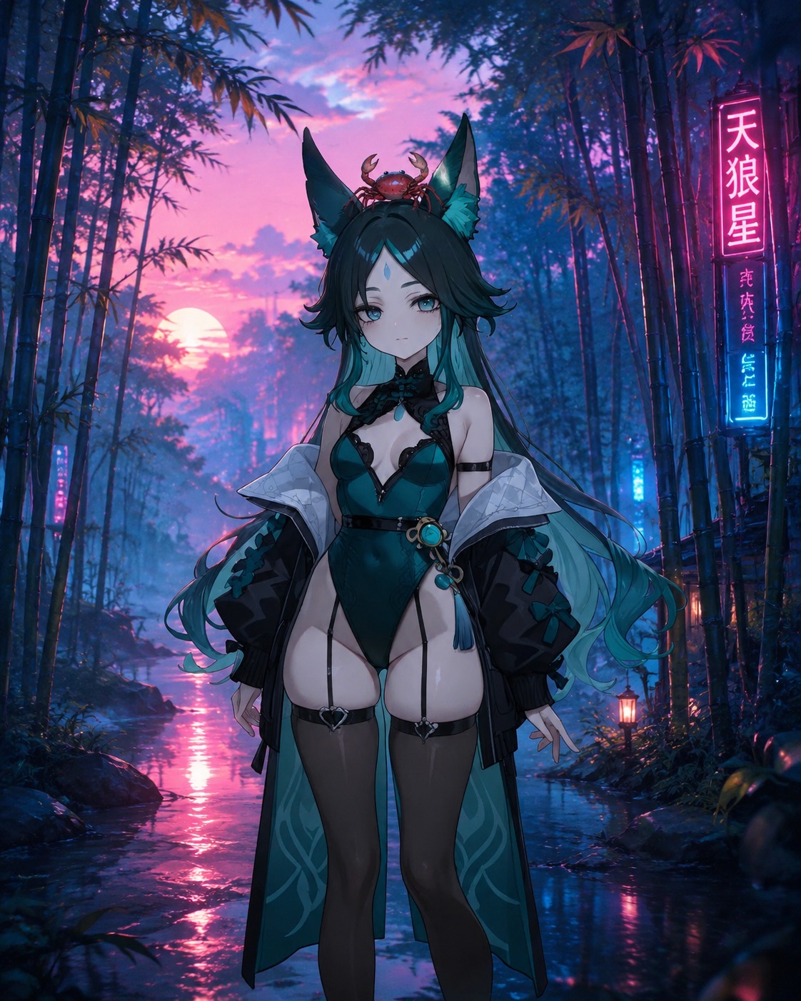 Balancing a small crab on her head In a tranquil bamboo grove at sunrise (cinematic cyberpunk, deep blues and pinks)
