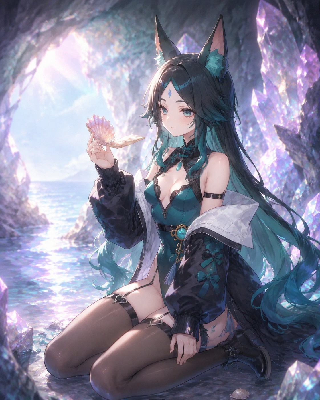 Examining a delicate seashell At the mouth of a glowing quartz cave (ethereal soft focus, dreamlike glow)