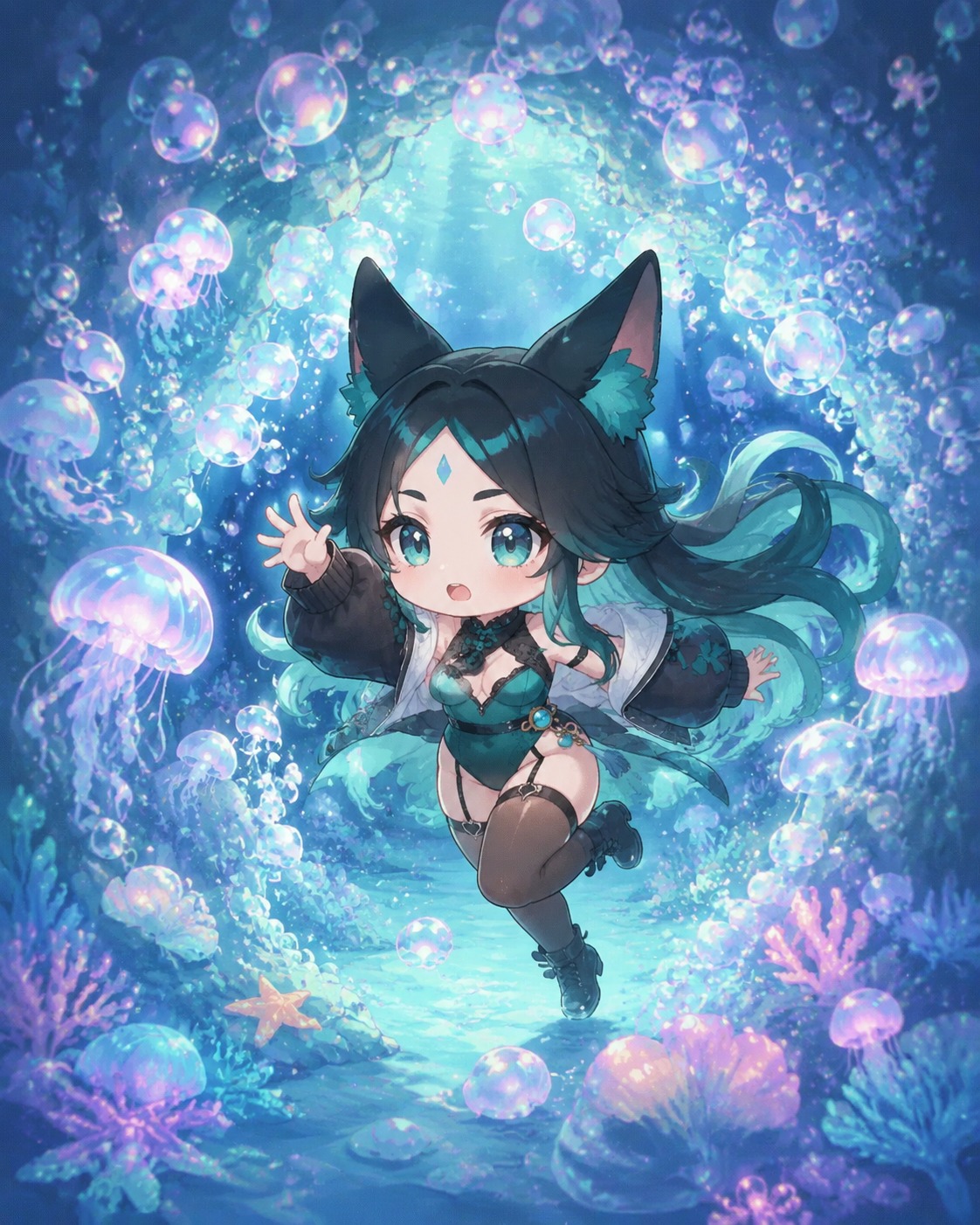 Leaping through a wall of bubbles At the bottom of a bioluminescent ocean (cute squishy chibi, soft pastel palette)