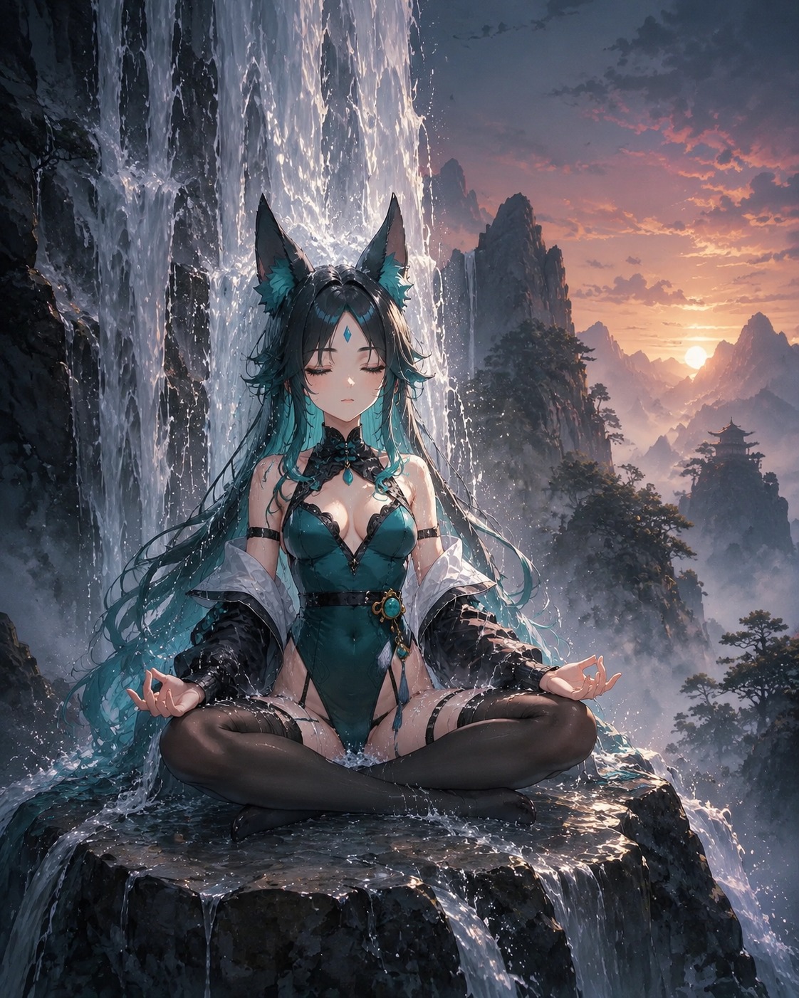 Meditating under a cascading waterfall On a misty mountain peak at dusk (polished digital concept art, sharp details)