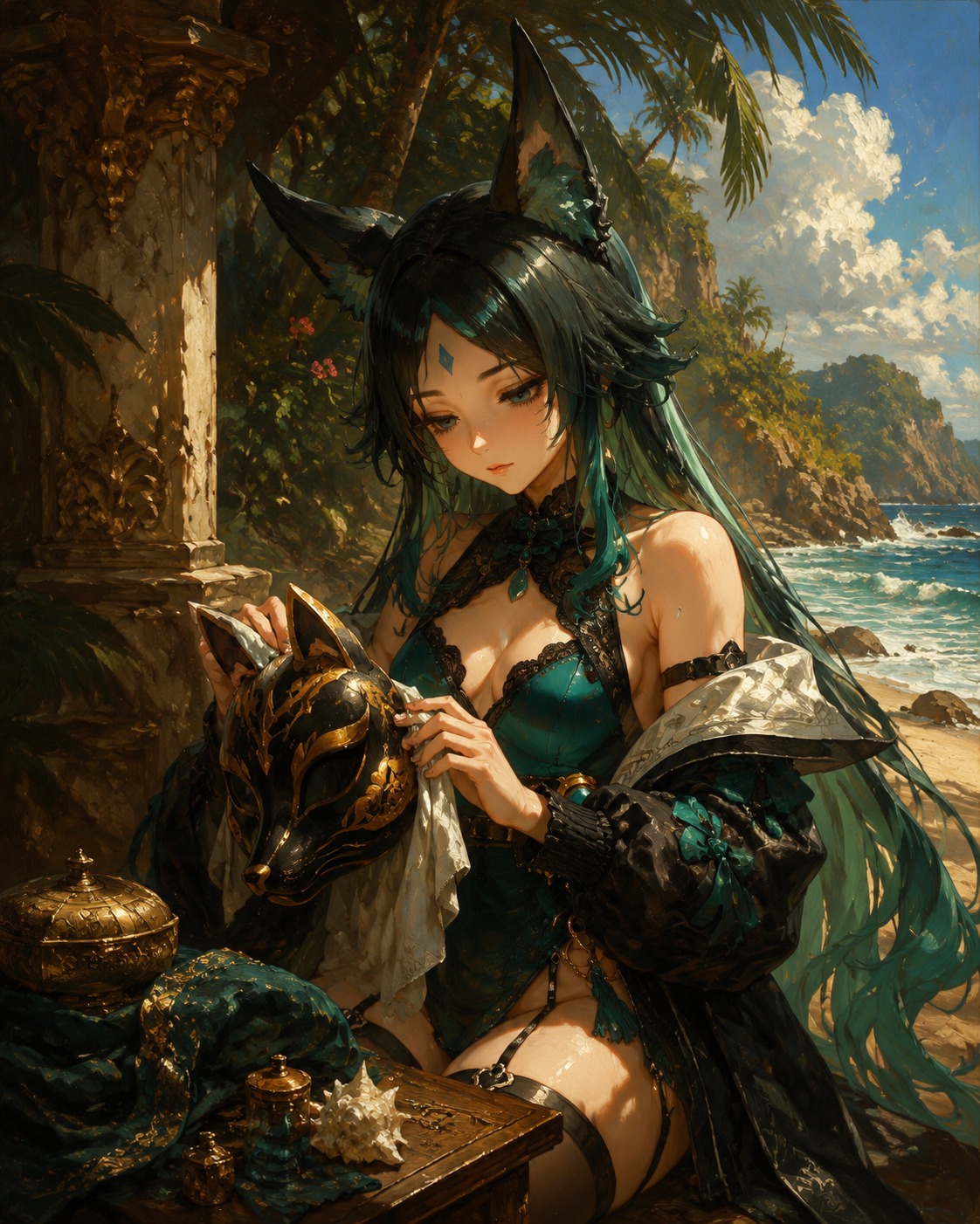 Polishing her ceremonial mask At a sun-drenched tropical shore (baroque oil painting, dramatic chiaroscuro)