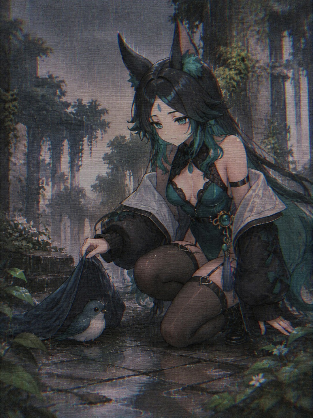 Shielding a small bird from the rain In an overgrown ruin reclaimed by nature (nostalgic retro anime, grainy VHS texture)