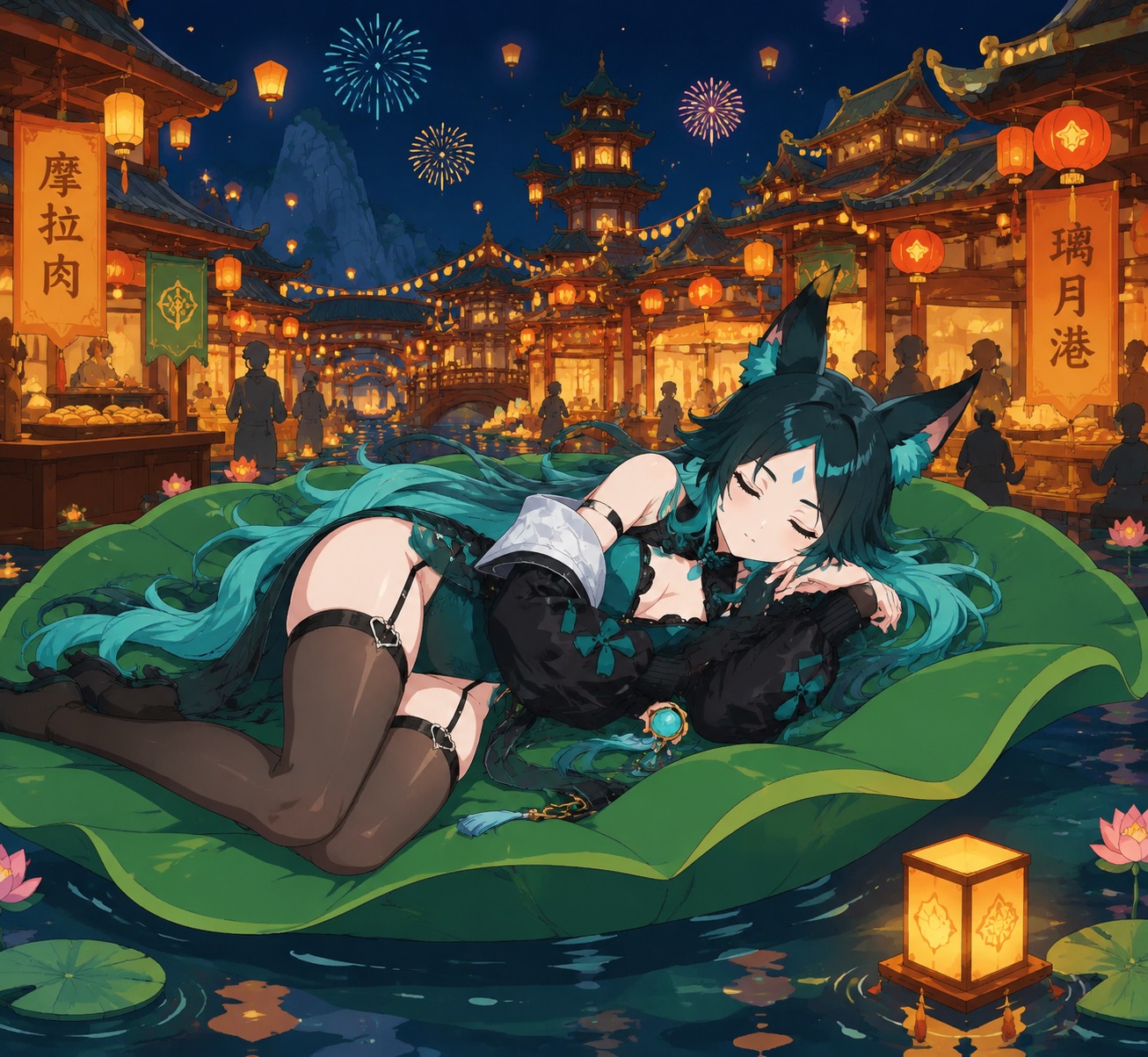 Sleeping on a giant floating lily pad At a festive night market in Liyue (clean vector illustration, flat vibrant colors)