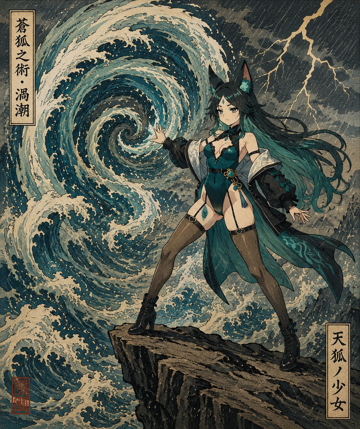 Summoning a spiraling water vortex On a jagged cliff during a storm (ukiyo-e woodblock print, bold outlines)