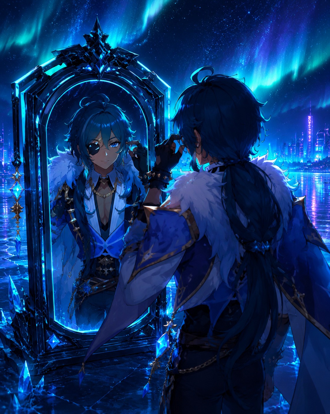 Adjusting his eyepatch in a vanity mirror On a frozen lake under the northern lights (neon cyberpunk glow with sharp turquoise highlights)