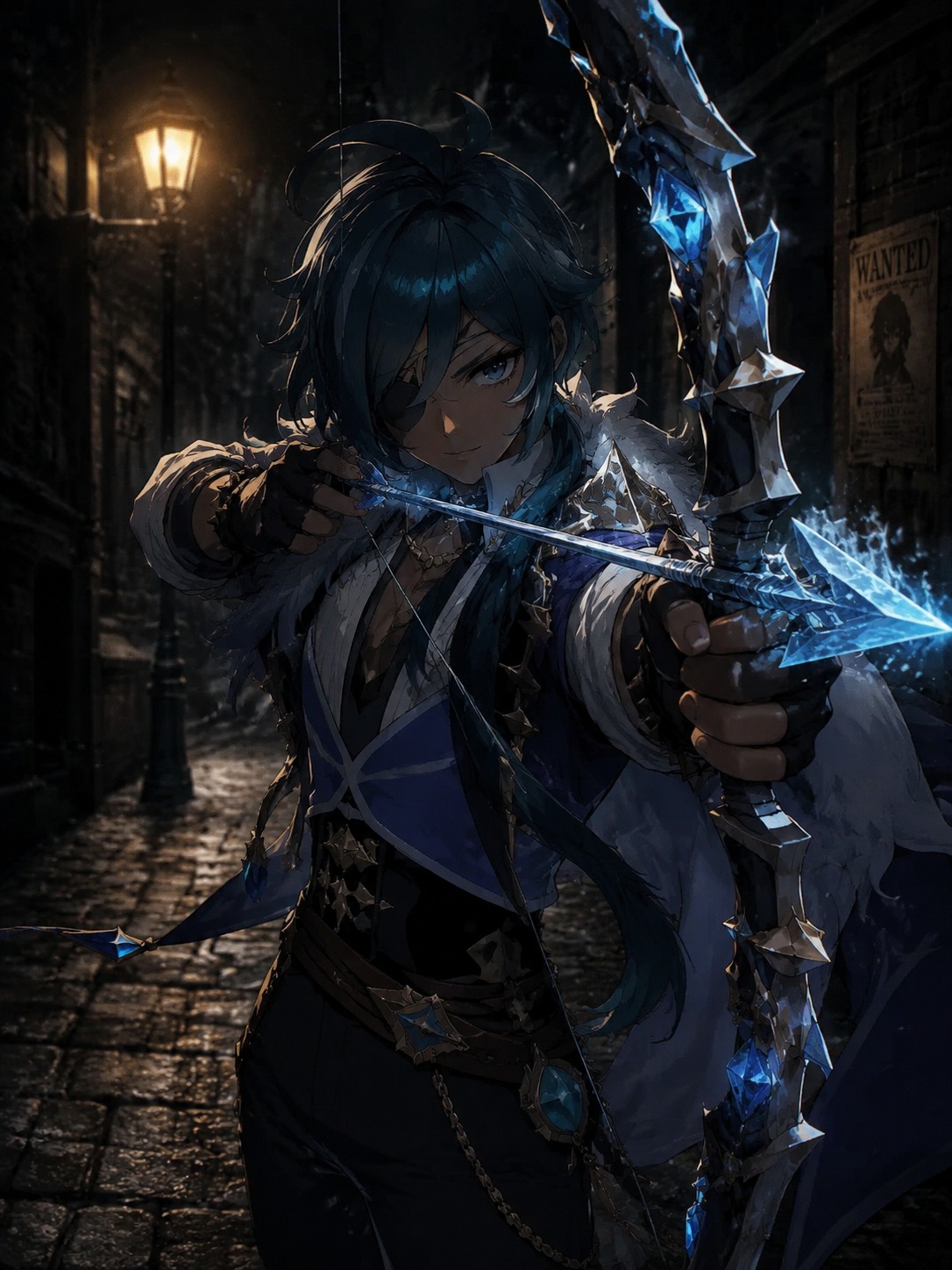 Aiming a frost-coated arrow at a target On a cobblestone street under a flickering lamp (cinematic noir with high-contrast shadows)