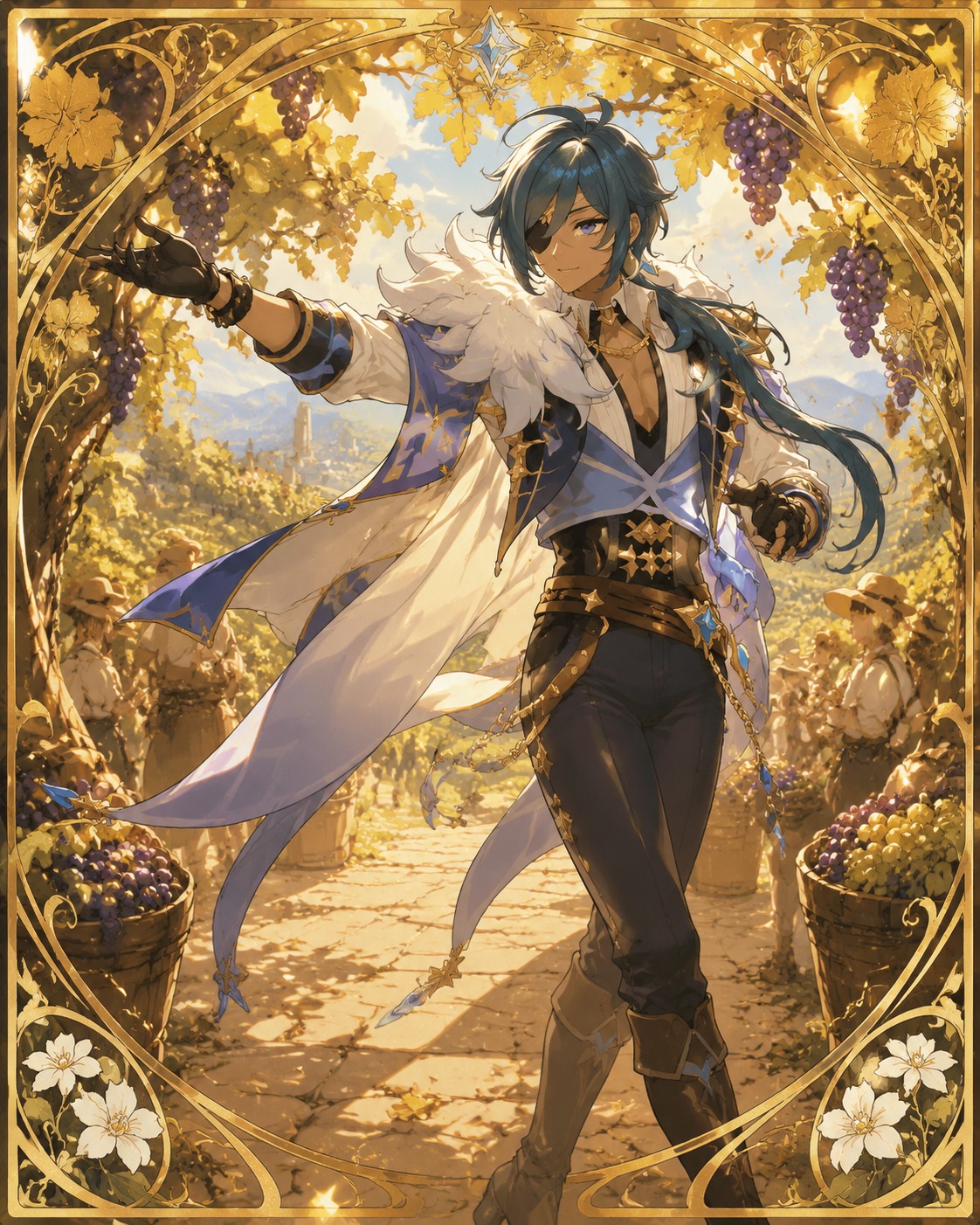 Dancing a graceful waltz with an invisible partner In a sun-drenched vineyard during the grape harvest (elegant Art Nouveau with gold leaf accents)