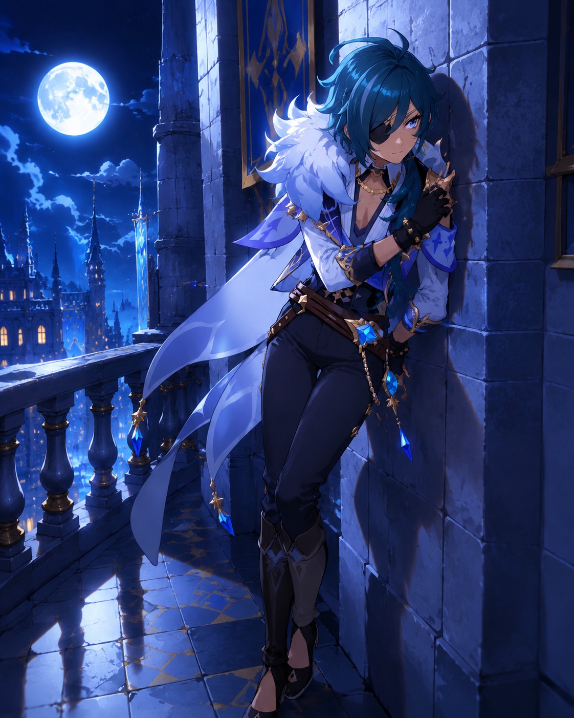 Leaning against a wall while eavesdropping On the moonlit balcony of the Knights' headquarters (vibrant anime style with cel shading)