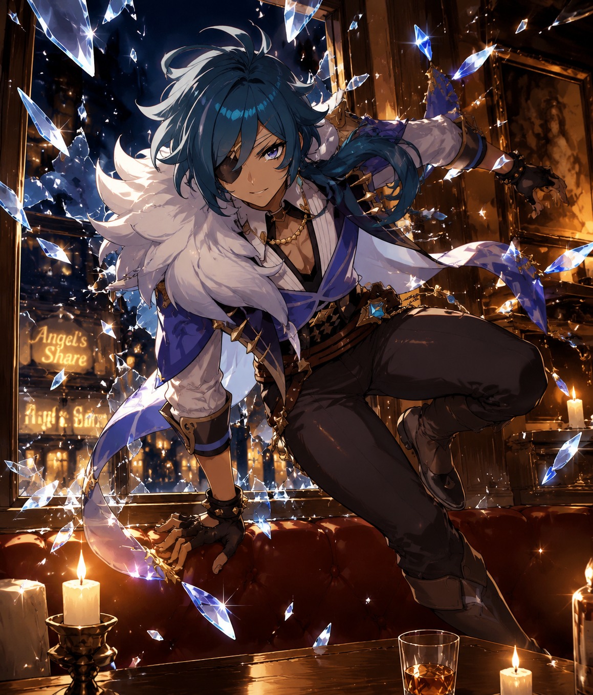 Leaping through a shattering glass window At a candlelit corner booth in Angel's Share (vibrant anime style with cel shading)