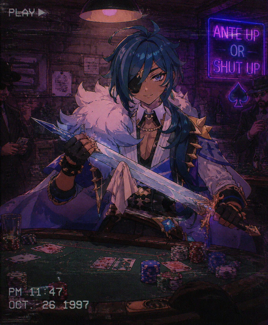 Polishing a frosted ceremonial sword At a high-stakes gambling table in a hidden basement (retro 90s aesthetic with lo-fi grain)