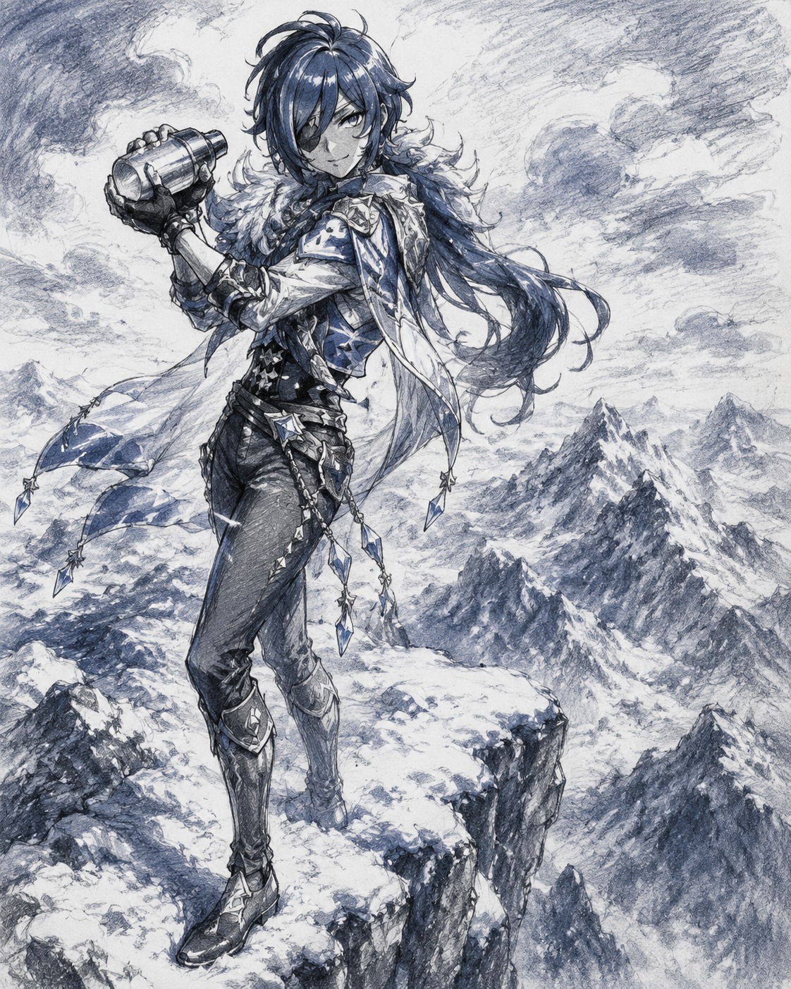 Shaking a silver cocktail shaker At the edge of a snowy mountain cliff (detailed sketch in charcoal and indigo ink)