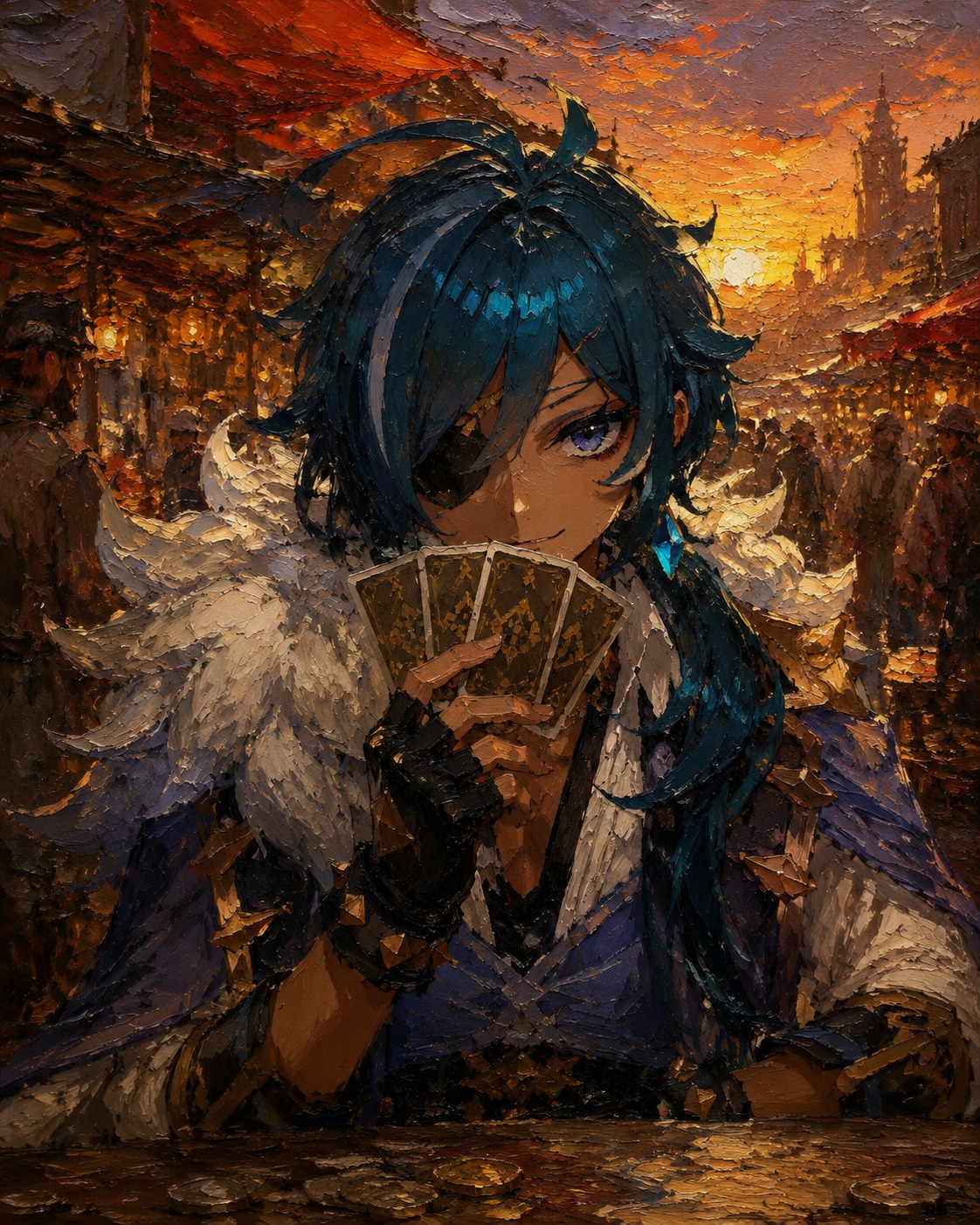 Smirking behind a hand of playing cards At a bustling open-air market during sunset (gritty oil painting with thick impasto brushstrokes)