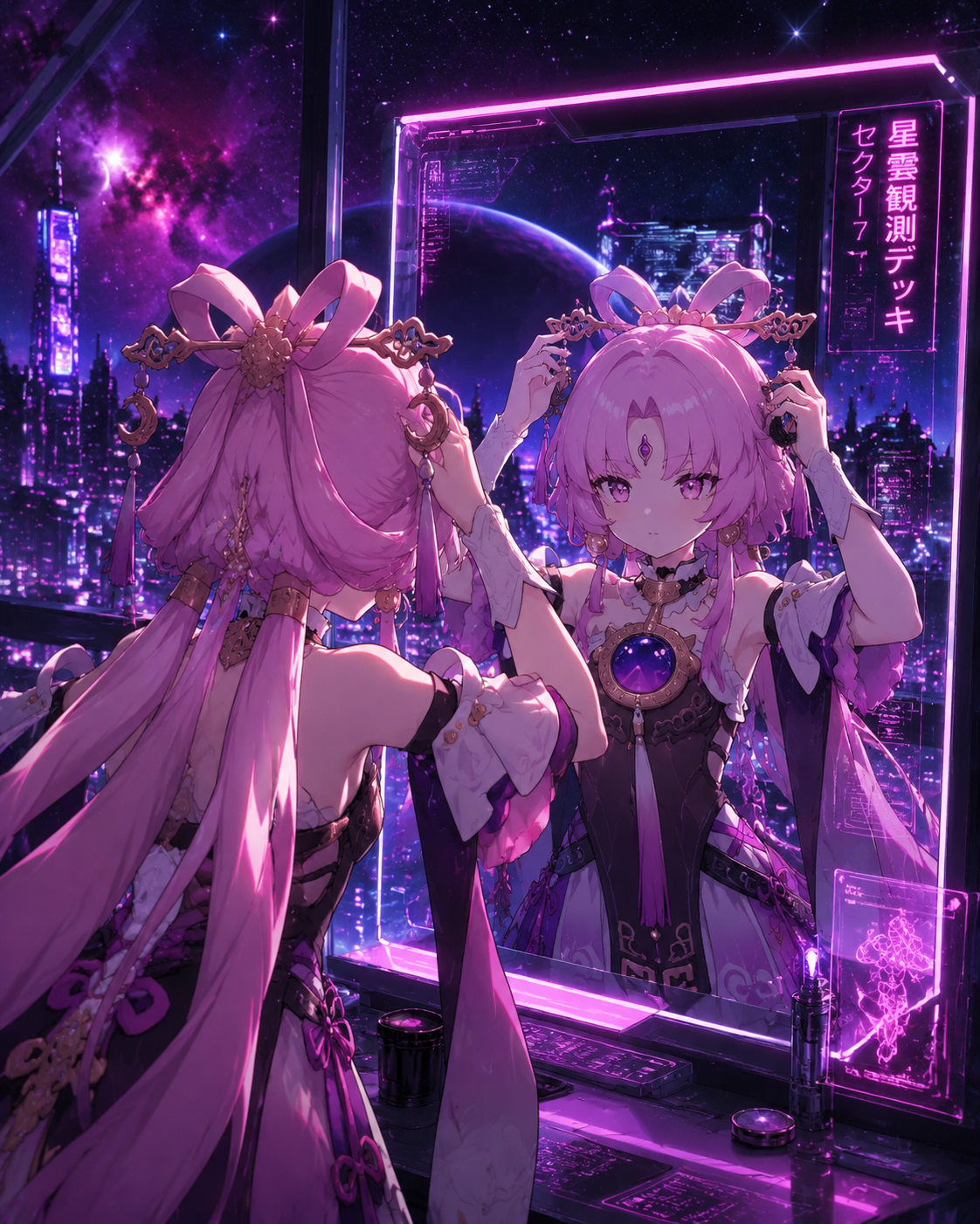 Adjusting her intricate hair accessories in a mirror On a futuristic observation deck overlooking a distant nebula (cyberpunk synthwave, neon pink highlights)