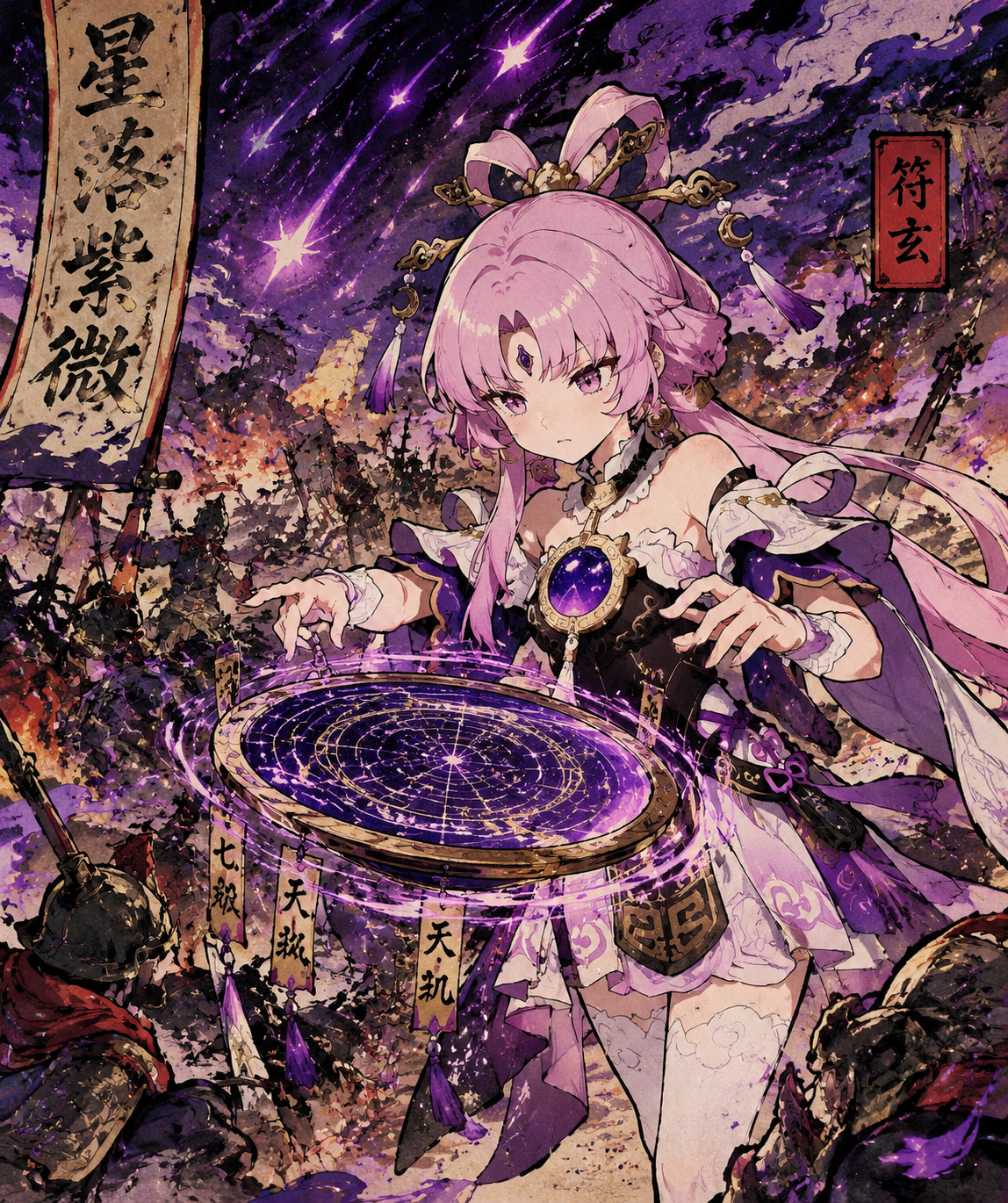 Analyzing a rotating star chart with focused eyes In a chaotic battlefield amidst falling violet stardust (vibrant ukiyo-e style, bold ink lines)