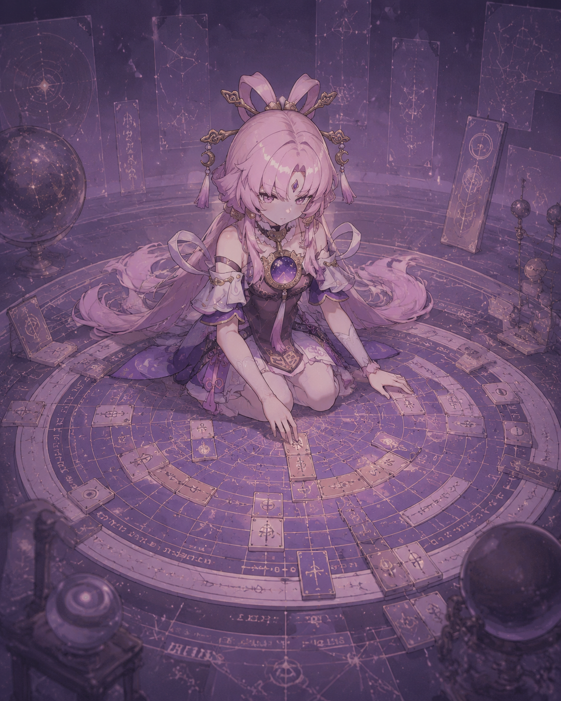 Arranging divining tiles with extreme mathematical precision At the center of the Matrix of Prescience platform (dreamy lo-fi aesthetic, muted purple tones)
