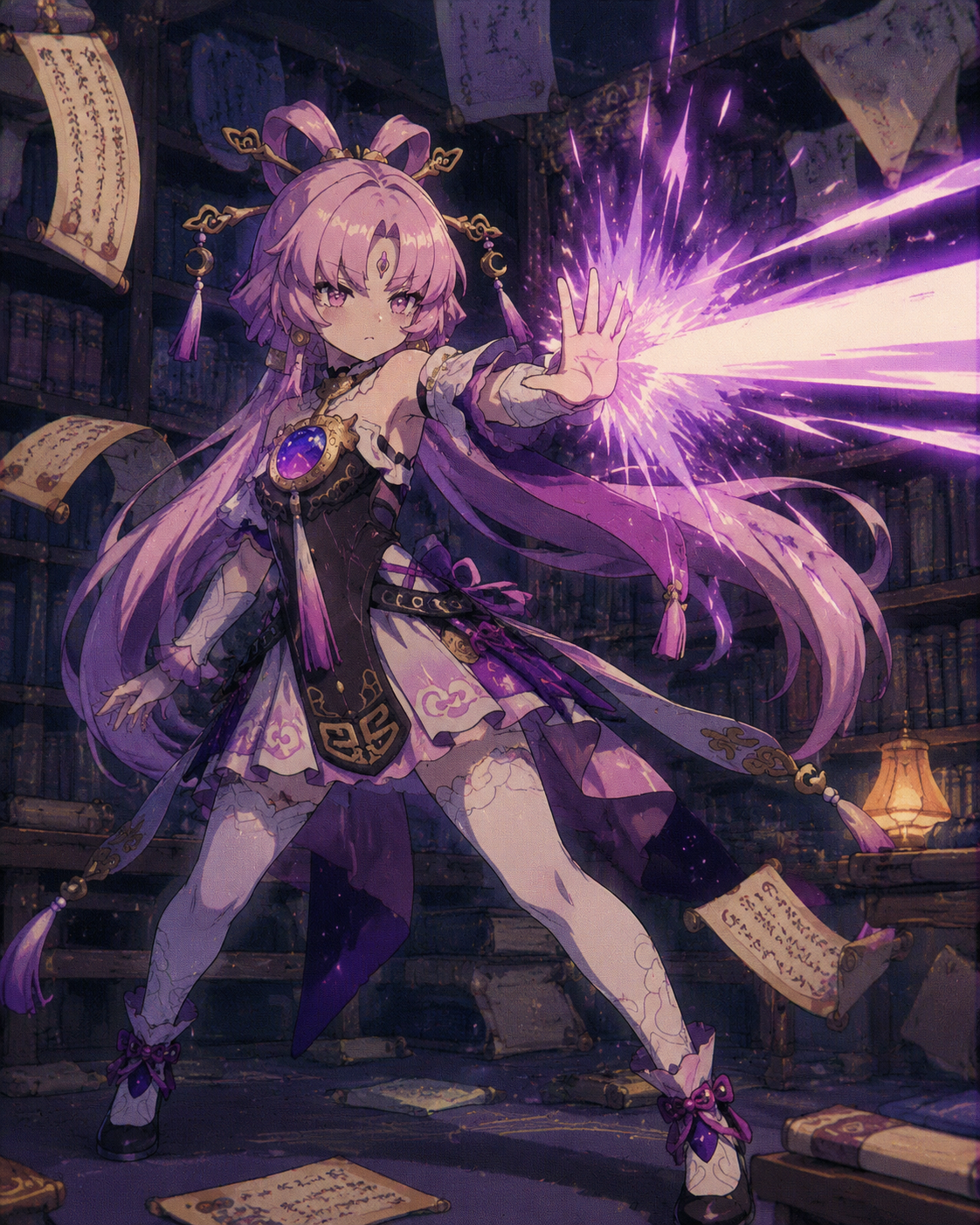 Deflecting an incoming energy blast with one hand In a quiet library filled with floating ancient scrolls (90s retro anime, grainy cel-shaded look)