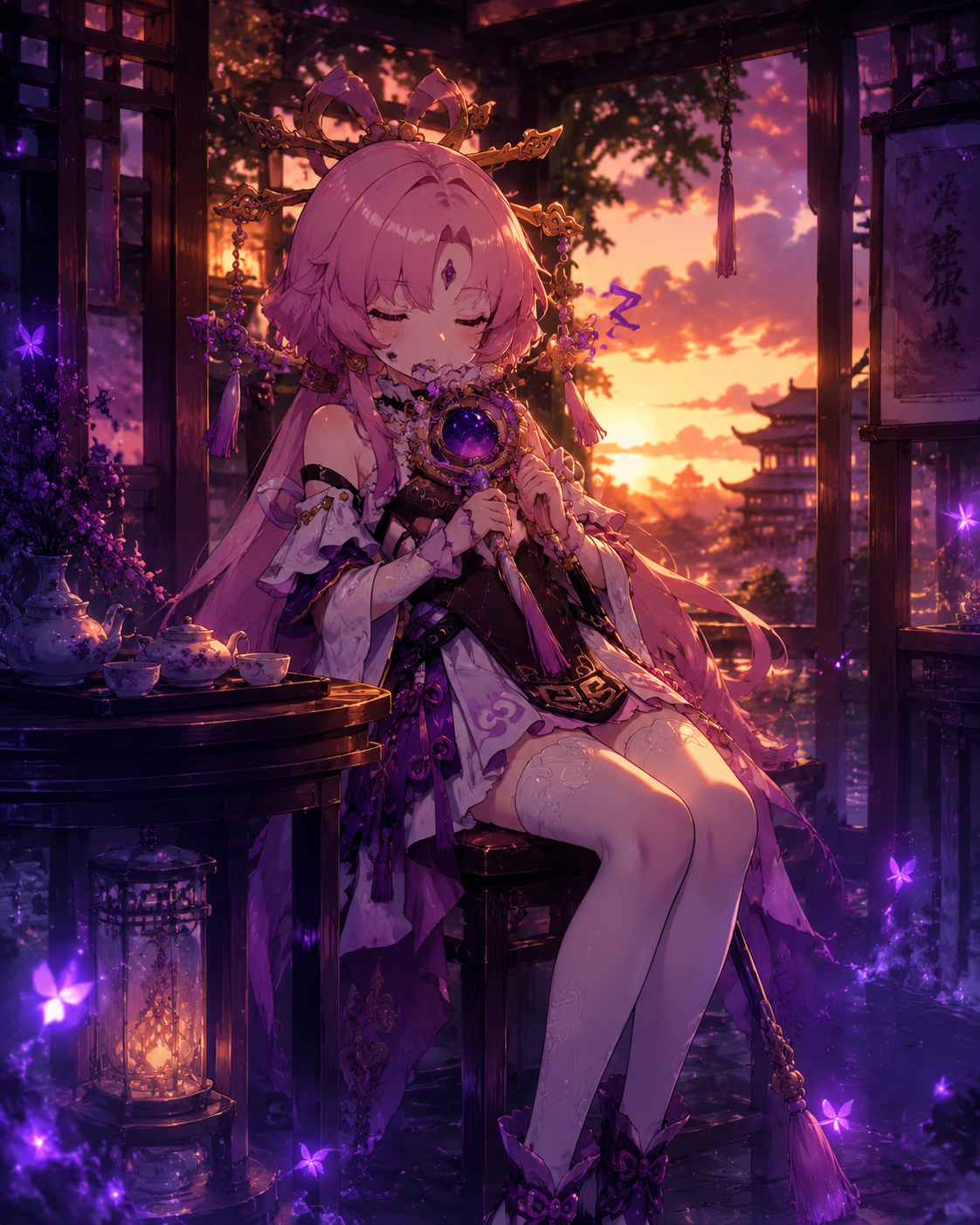 Napping upright while still clutching her scepter At a traditional tea house during a golden sunset (dark ethereal fantasy, glowing particle effects)