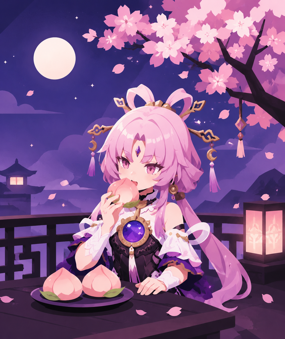 Sneaking a bite of a sweet peach pastry On a moonlit balcony under a glowing cherry blossom tree (minimalist vector art, clean geometric shapes)