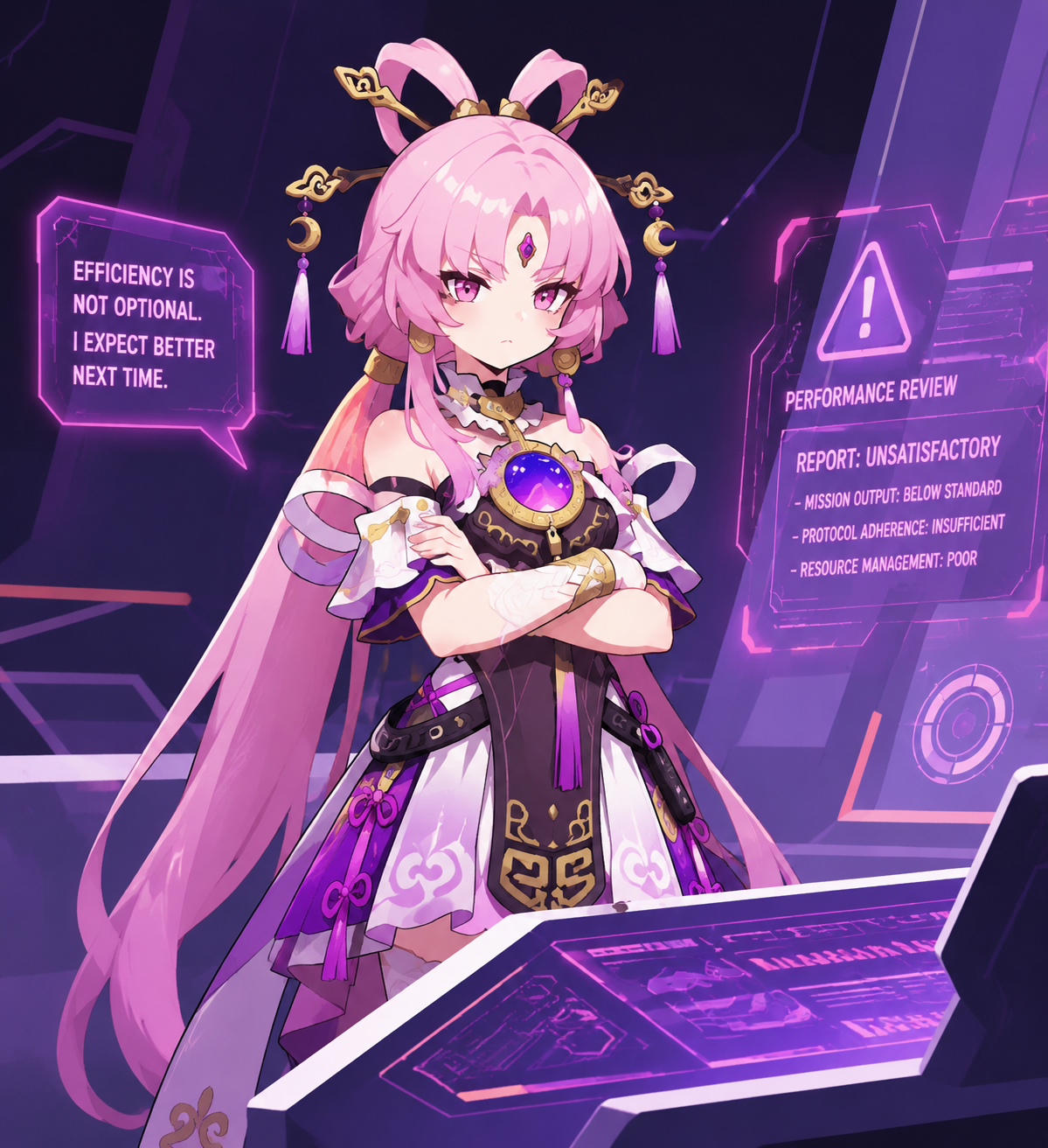 Sternly lecturing an unseen subordinate with crossed arms At a high-tech control terminal with flickering holographic lights (minimalist vector art, clean geometric shapes)