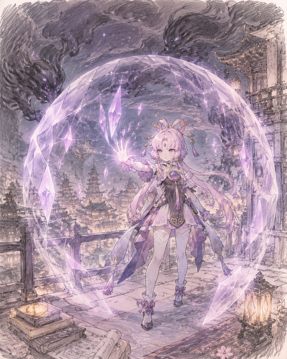 Summoning a protective crystalline barrier against the dark On a secluded rooftop overlooking the Xianzhou Luofu skyline (whimsical storybook illustration, soft pencil sketches)