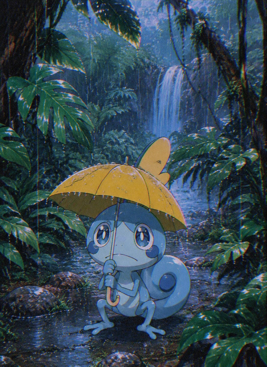 Clutching a tiny yellow umbrella In a lush tropical rainforest (90s retro lo-fi, grainy aesthetic)