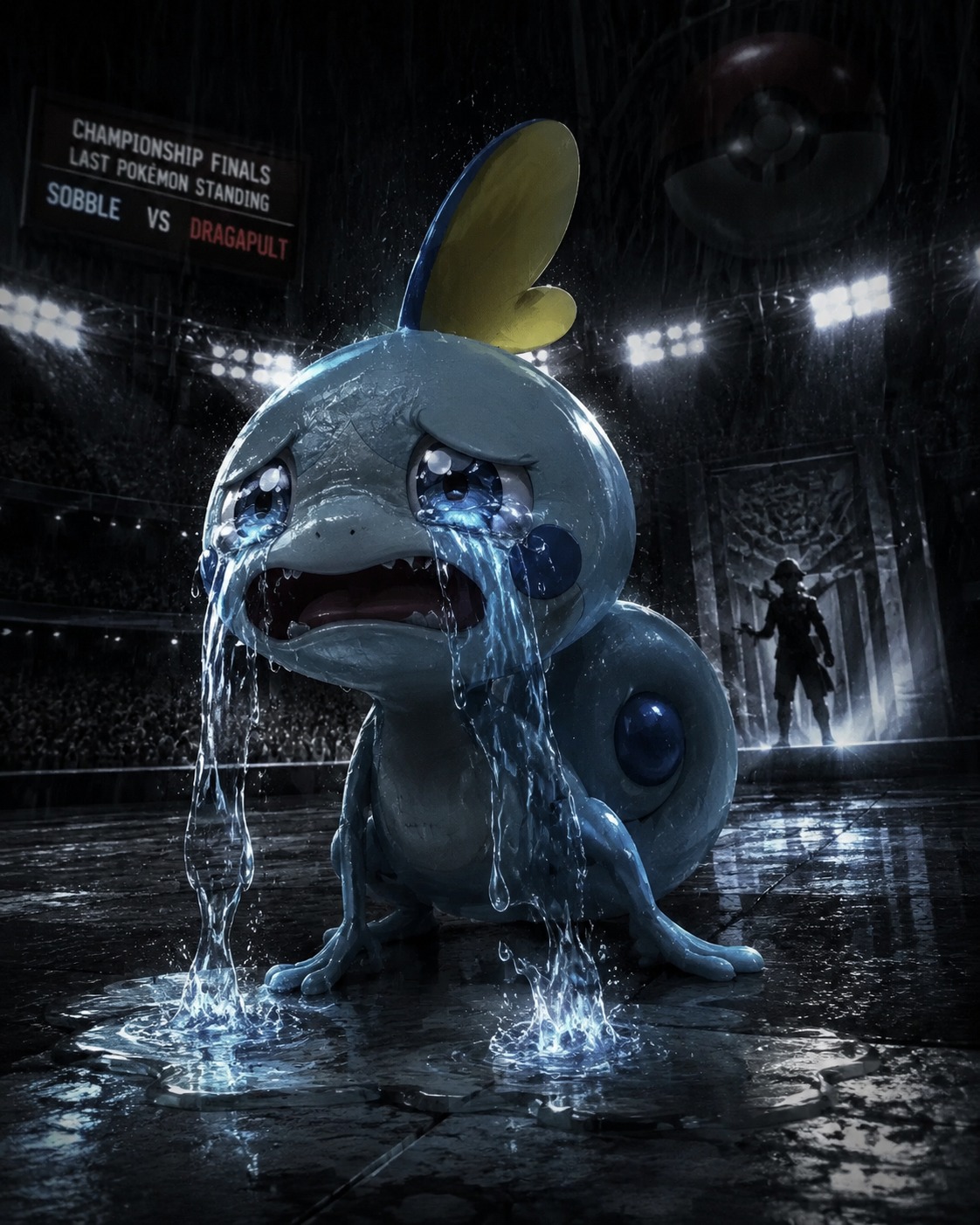 Crying uncontrollably with oversized tears At a high-stakes Pokémon stadium (cinematic noir, dramatic shadows)