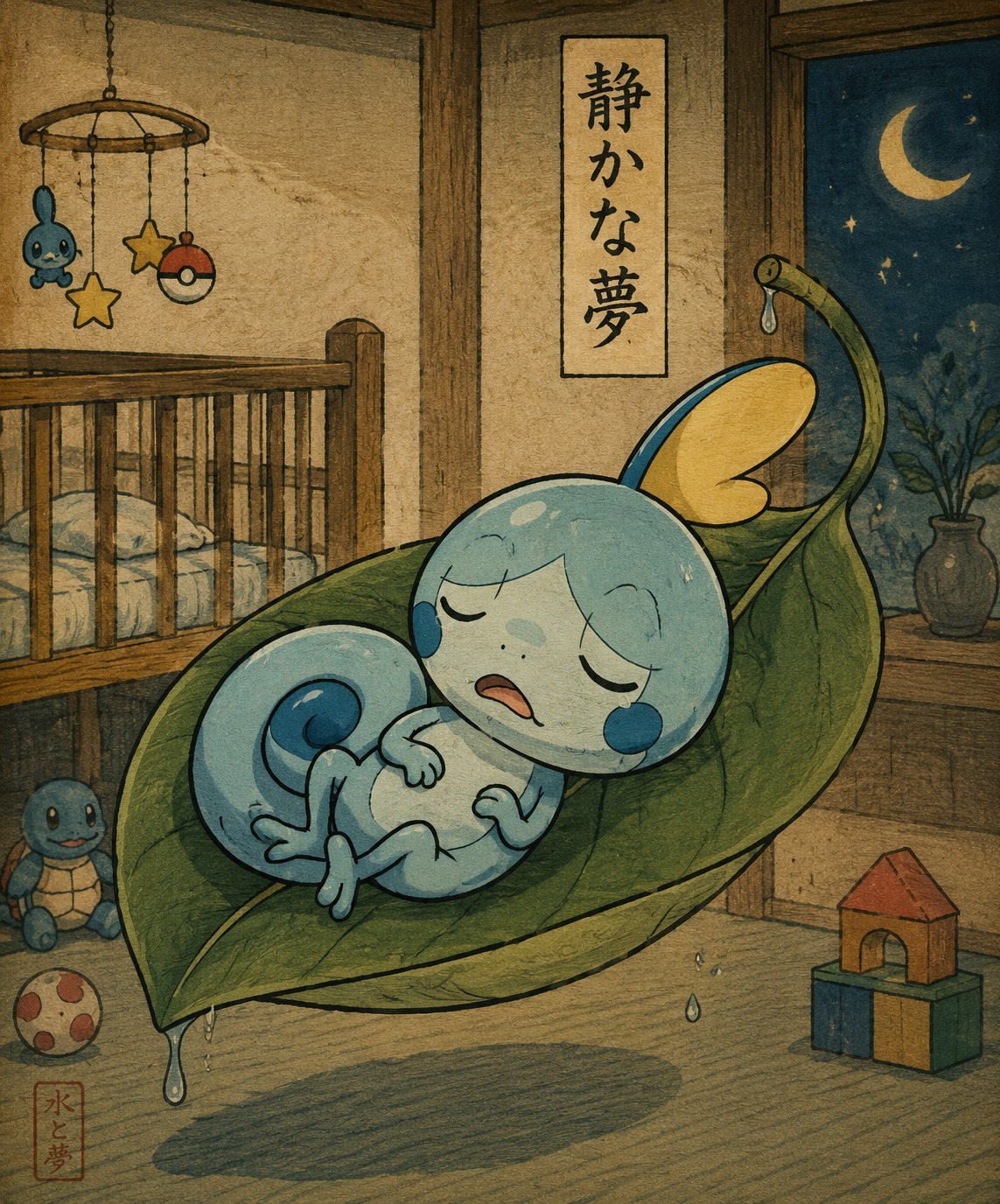 Napping soundly on a floating leaf In a quiet nursery room (ukiyo-e woodblock print, bold ink)