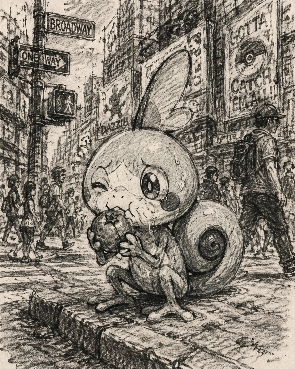 Nibbling on a sour oran berry On a bustling city street corner (charcoal sketch, rough textures)