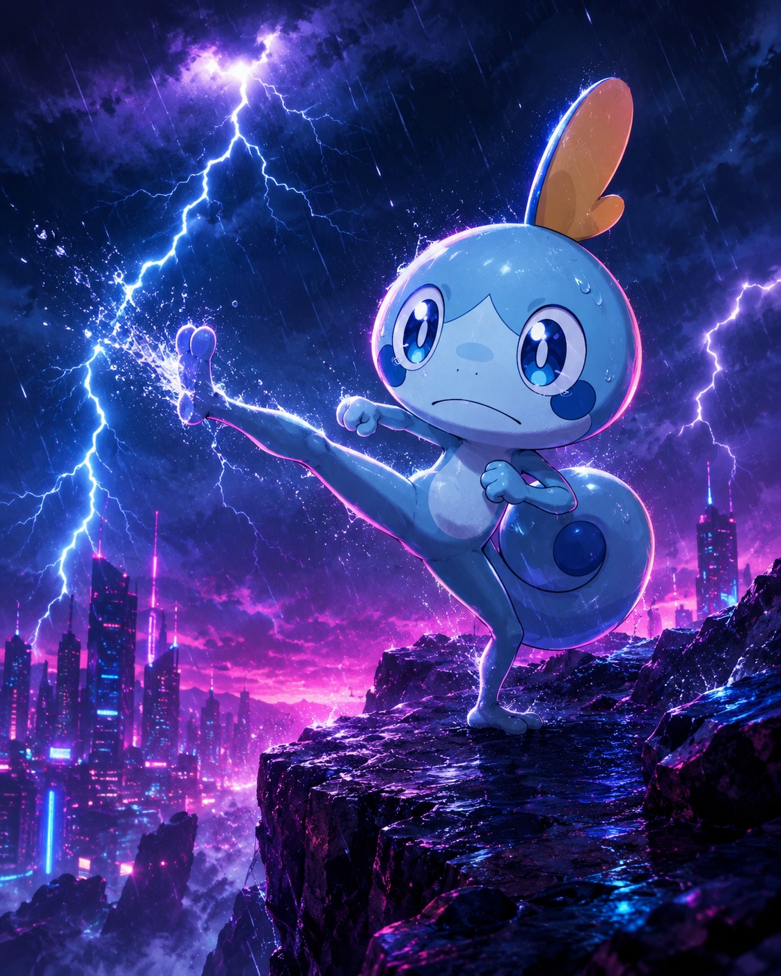 Practicing a focused karate kick On a rocky cliffside during a storm (futuristic neon, synthwave glow)