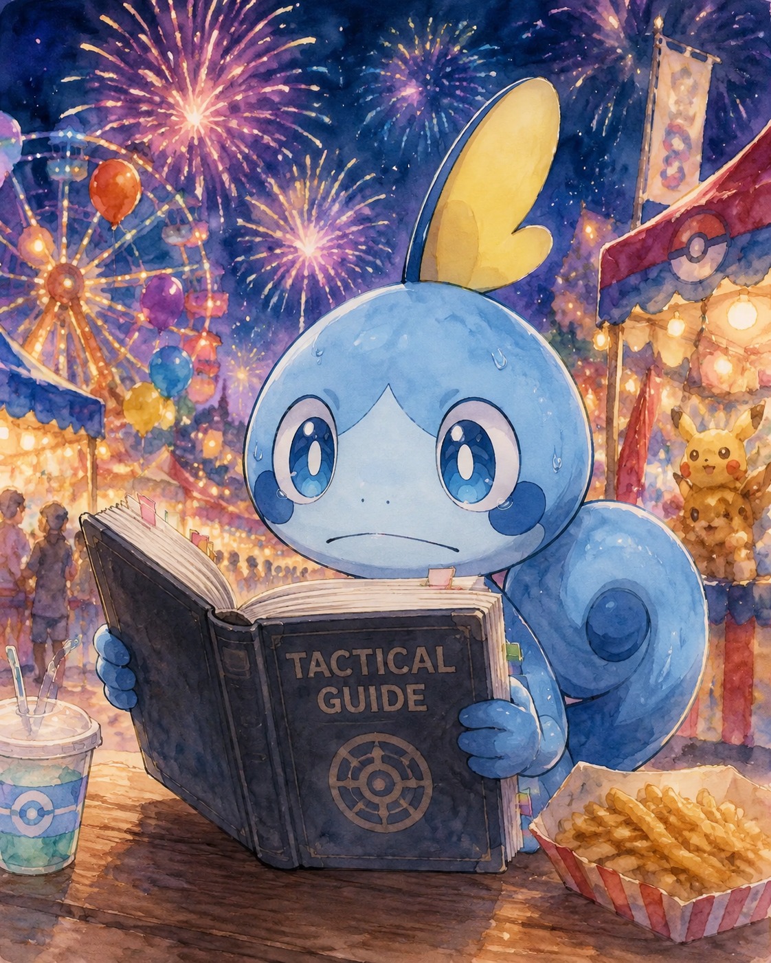 Studying a thick tactical guidebook At a vibrant carnival under fireworks (watercolor anime, soft lighting)