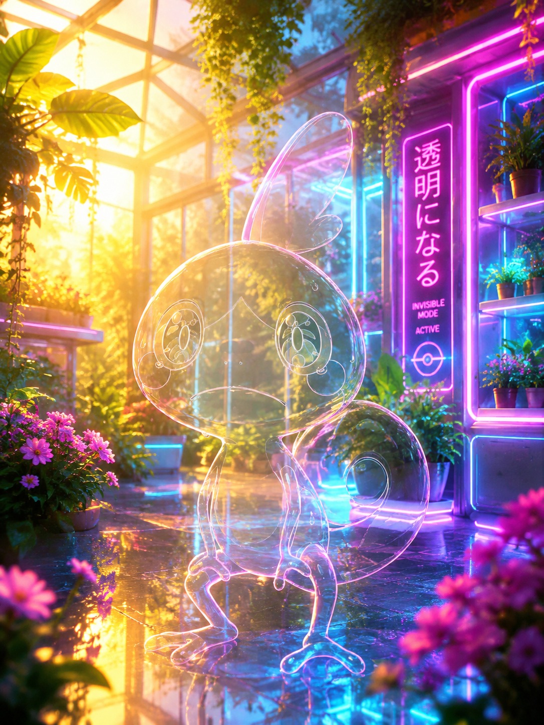 Turning invisible to blend into the background In a sun-drenched greenhouse (futuristic neon, synthwave glow)