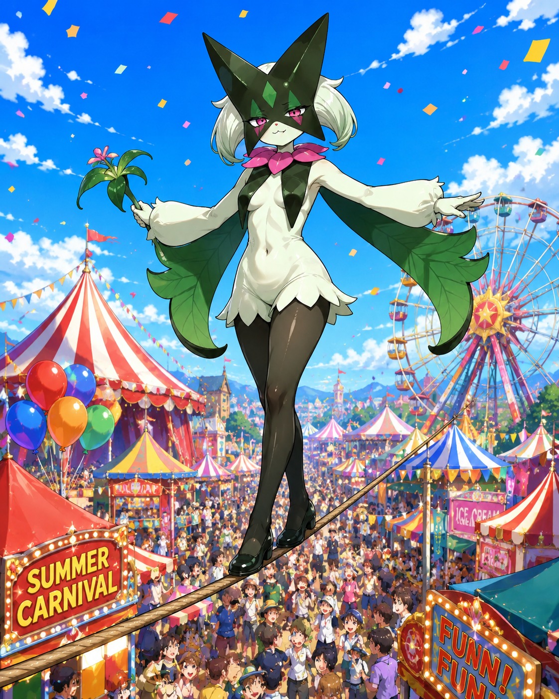 Balancing perfectly on a thin high-wire At a bustling summer carnival during the day (vibrant anime style, saturated colors)