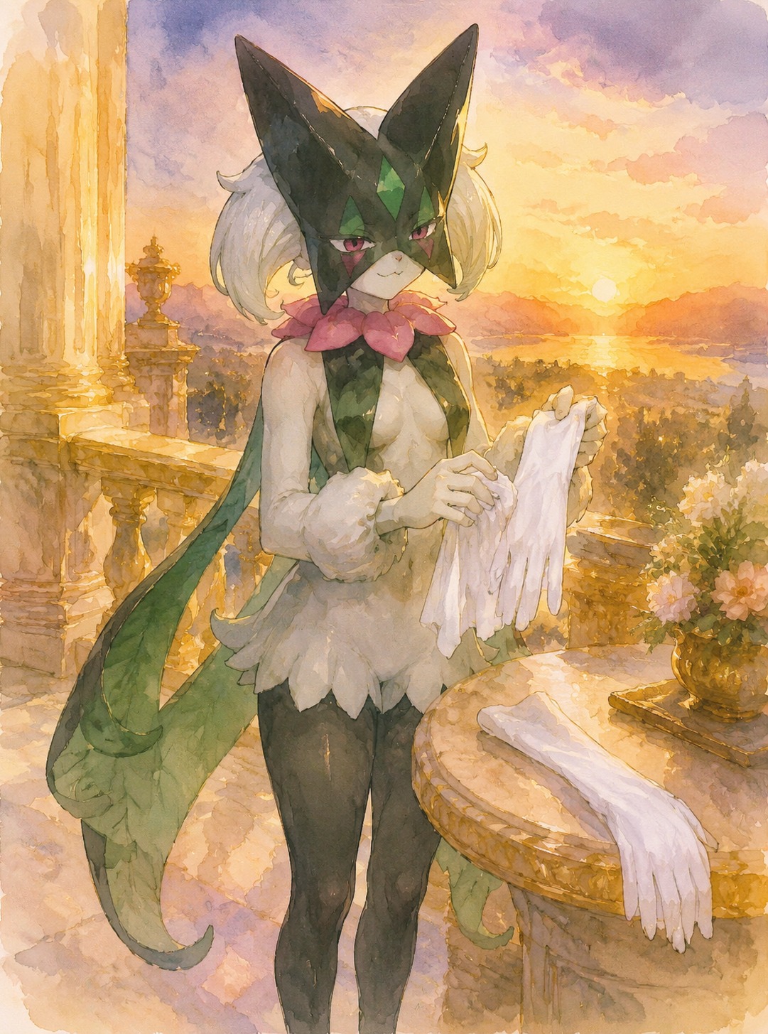 Cleaning a pair of pristine white silk gloves On a golden marble balcony at sunset (soft watercolor, blurred edges and light washes)