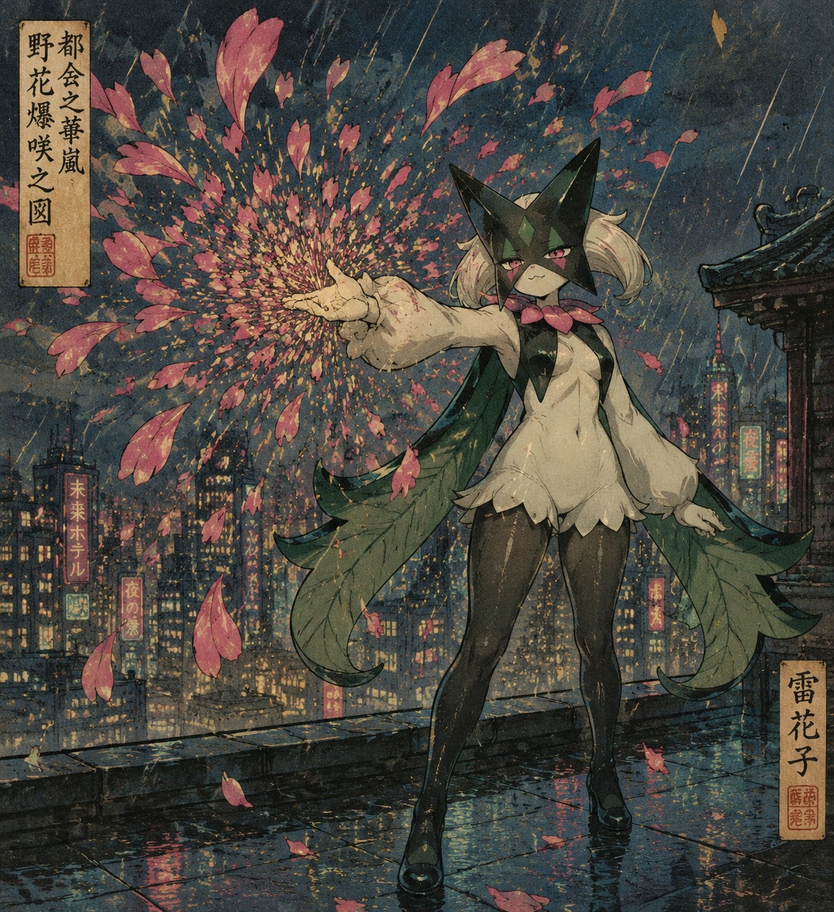 Conjuring a sudden swarm of explosive flower petals On a rainy rooftop overlooking a neon city (traditional ukiyo-e woodblock print style)