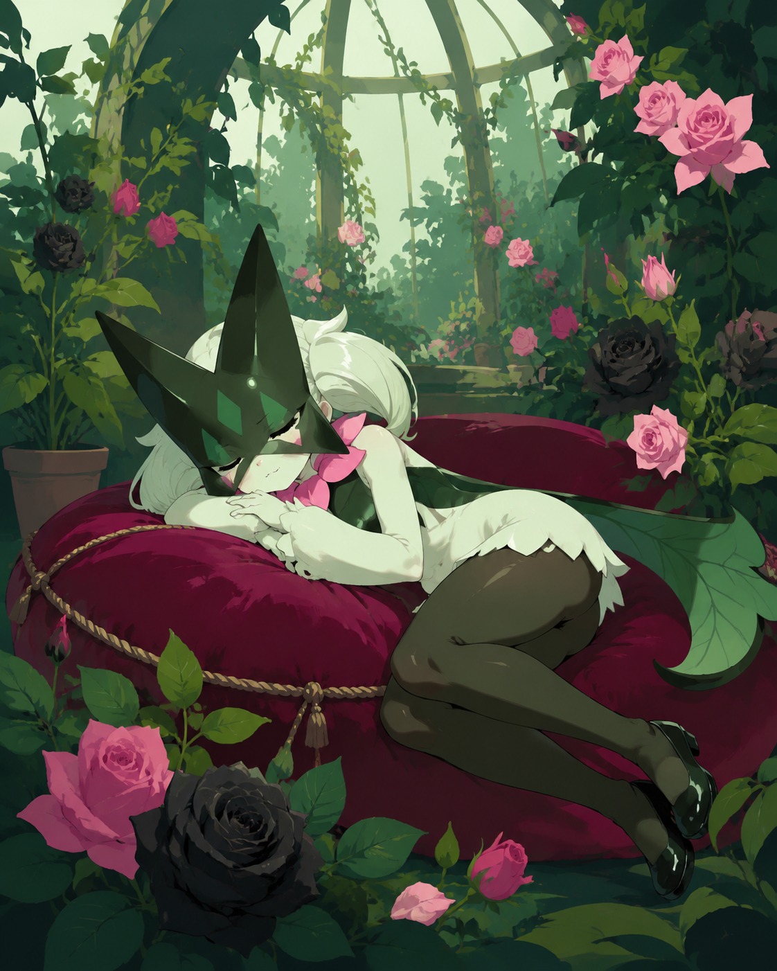 Napping soundly on a plush velvet cushion In an overgrown greenhouse filled with exotic roses (minimalist vector art, clean lines and flat shading)