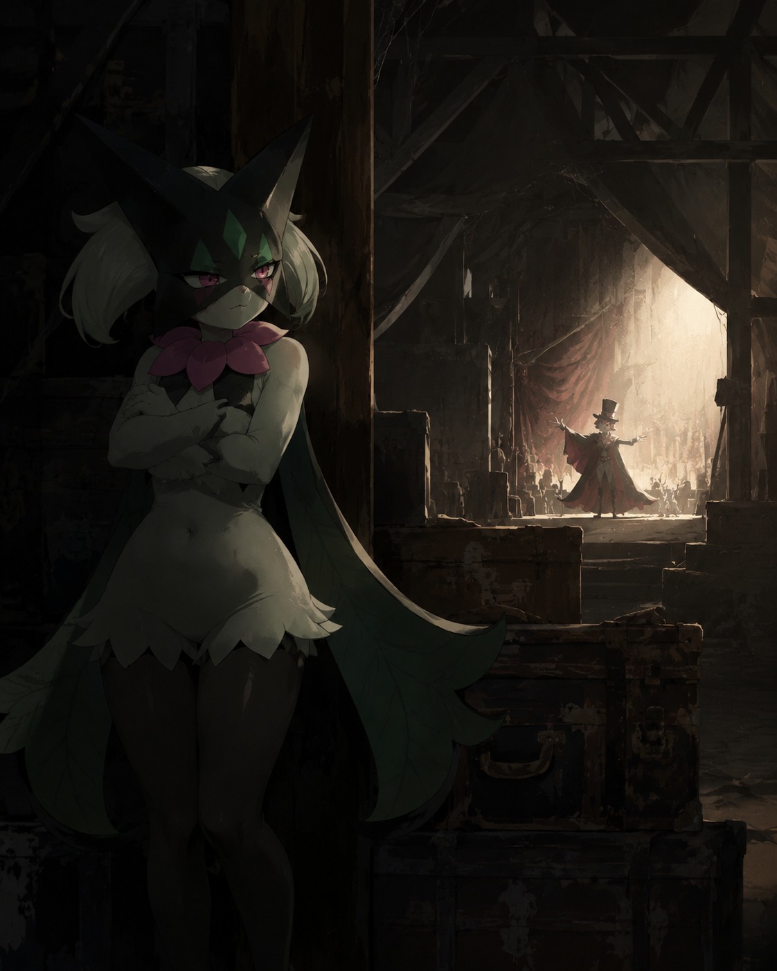 Pouting while watching another performer from afar In a dusty attic filled with old magic trunks (dark cinematic noir, dramatic shadows)