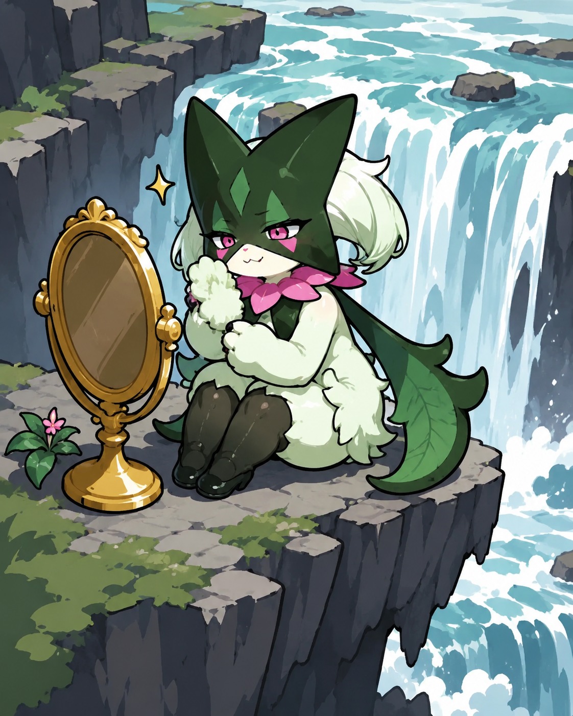 Preening their fur in a golden vanity mirror At the edge of a jagged crashing waterfall (cute chibi style, simple shapes and bold outlines)