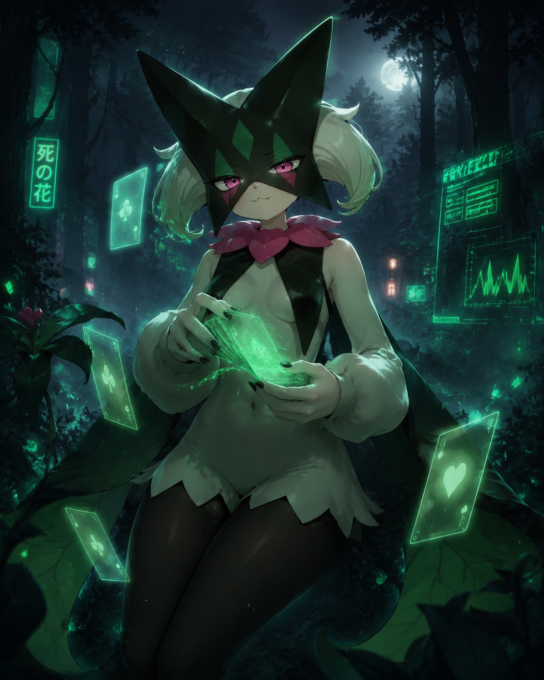 Shuffling a deck of glowing playing cards In a misty forest clearing at midnight (cyberpunk aesthetic, glowing neon green accents)