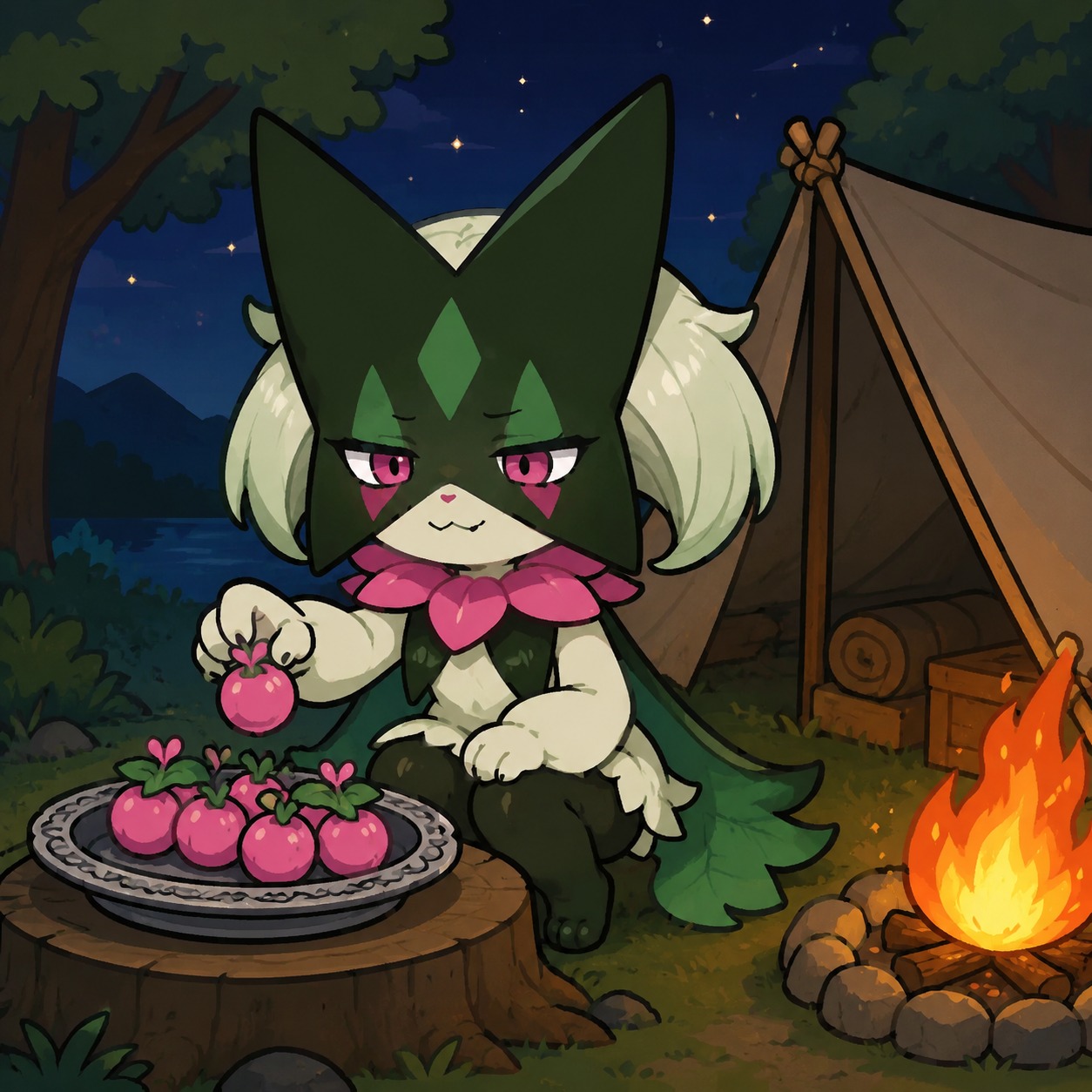 Swiping a pink berry from a silver platter At a quiet campsite beside a crackling fire (cute chibi style, simple shapes and bold outlines)