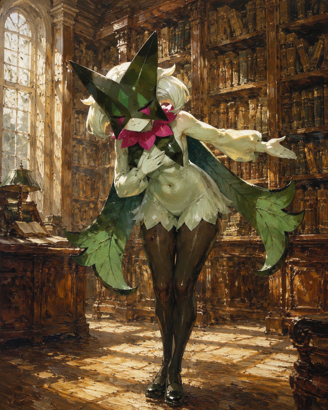 Taking a theatrical bow for an invisible audience In a sunlit library with towering mahogany shelves (gritty oil painting, visible impasto brushstrokes)